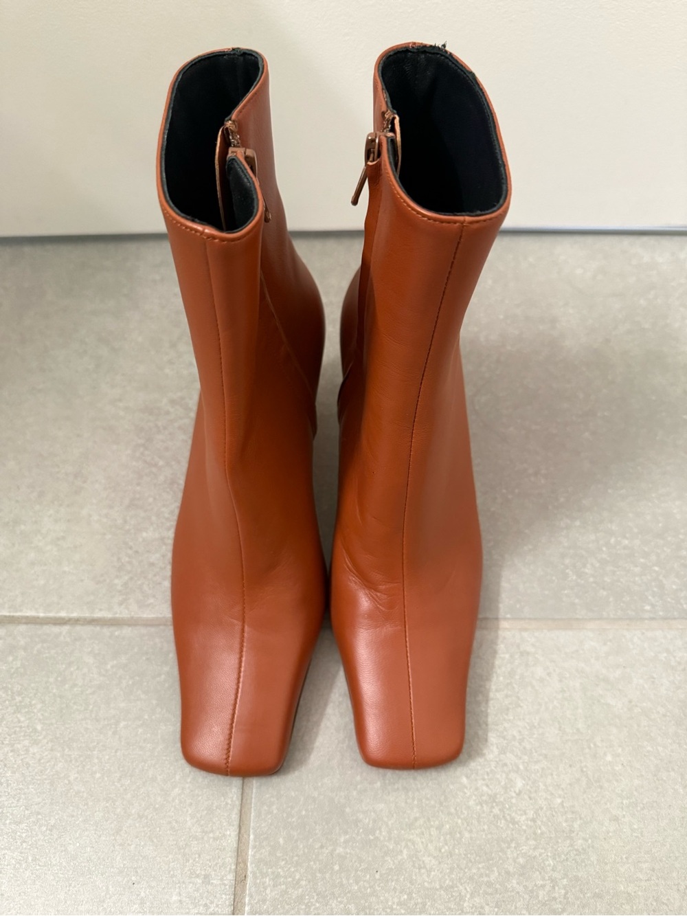 STAUD Rust Brown Square-Toe Leather Ankle Boots